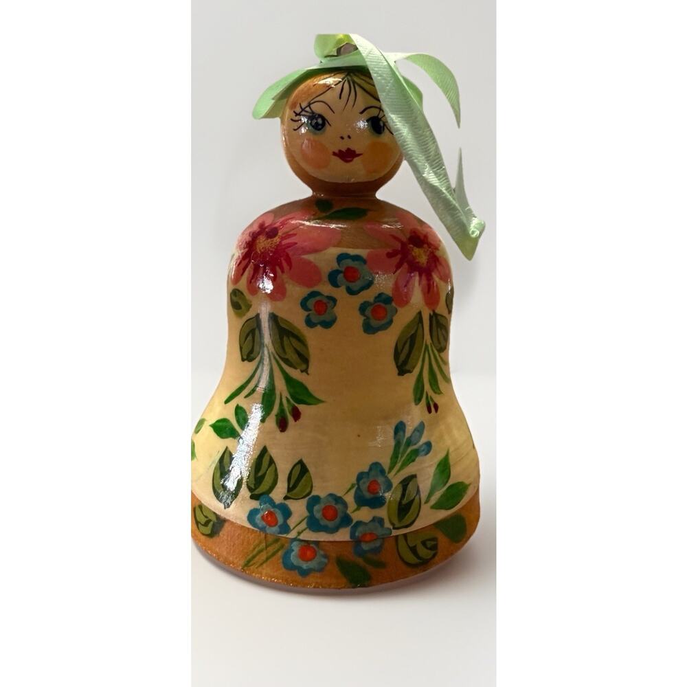 Vintage Hand Painted And Carved Wooden Russian Bell Girl 3"